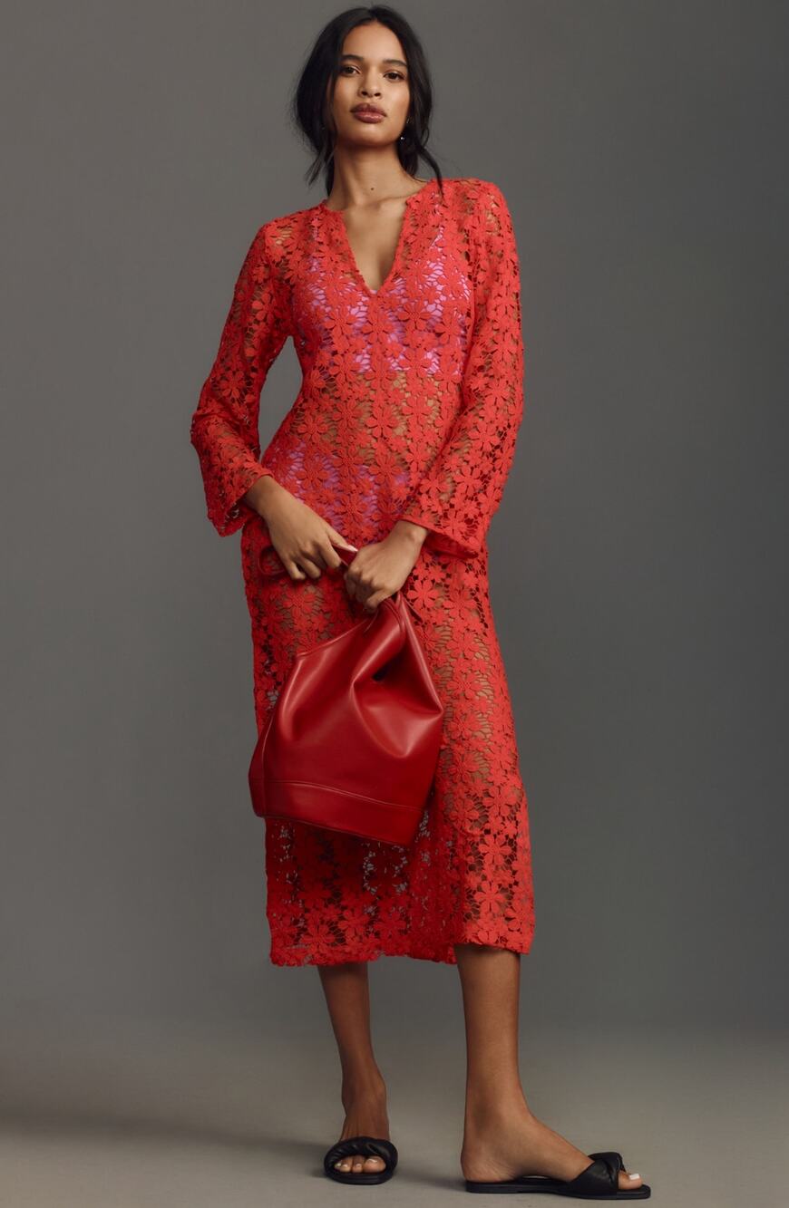 BY ANTHROPOLOGIE 3D Floral Kaftan Dress in Red Size XS/S NEW